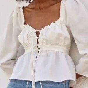 Brock Collection X H&M Lyocell Linen White Puff Sleeve Tie Top Blouse sz XS
